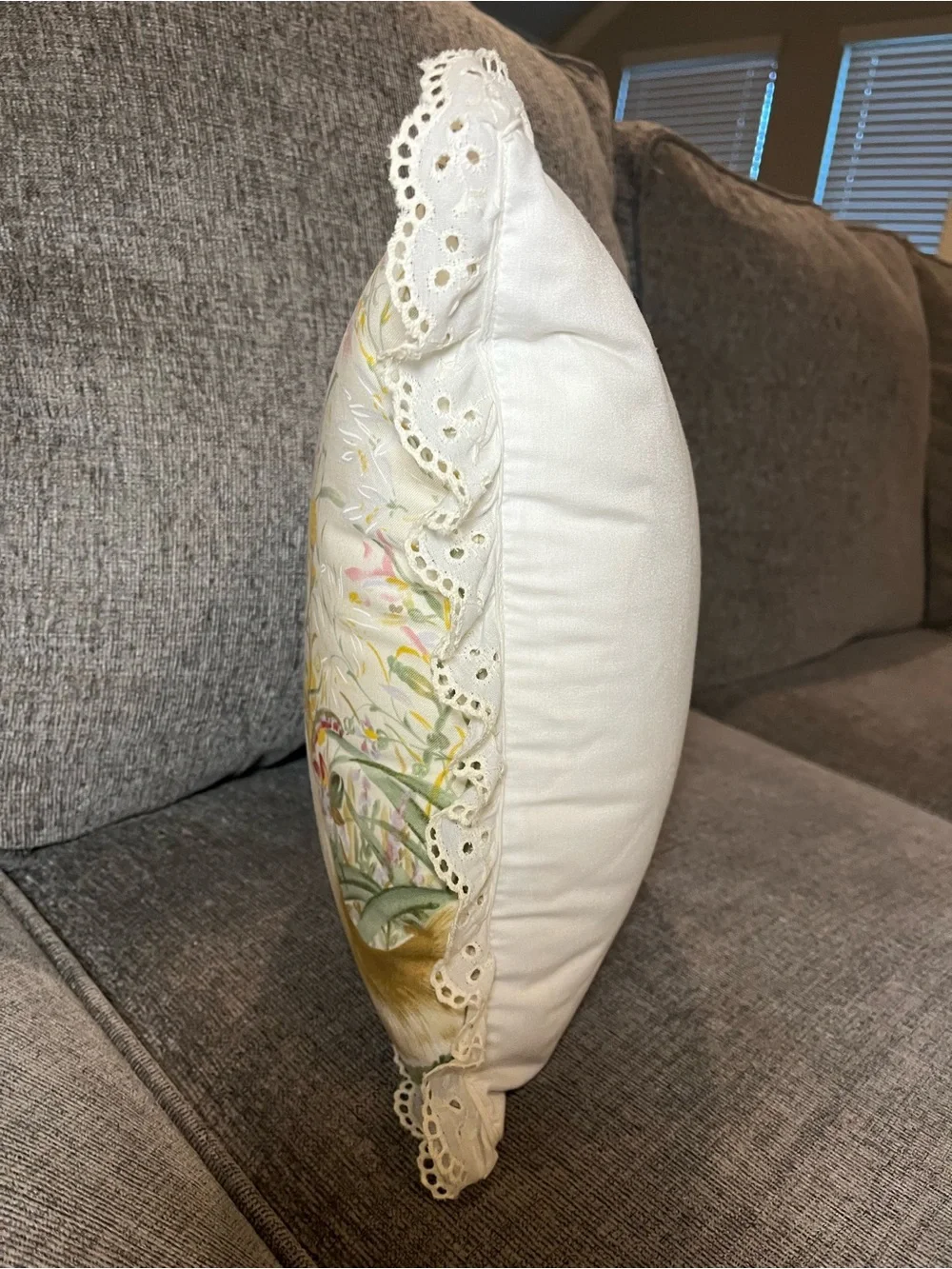Vintage Floral Cat Pillow Throw Pillow with Eyelet Lace Ruffle Cottagecore Decor